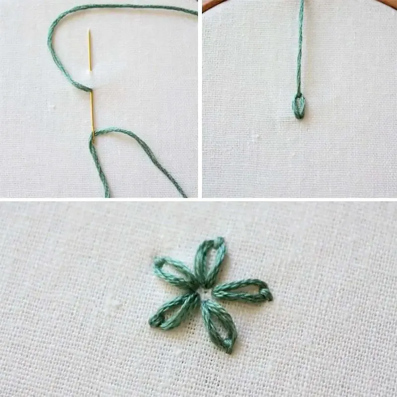 This lazy daisy chain stitch is also known as a detached chain stitch. It is used for filling in decorated borders or creating tiny flowers. This tutorial guides you on this stitch and it also introduces you to variations of this stitch.
