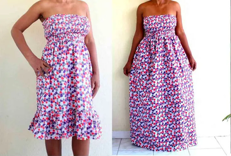 Don't you adore a sleeveless maxi dress for a flaming hot summer? The shirring on the bodice makes it a perfect fit for a bust of any size! You could opt between a long maxi dress or a frisky knee-length dress with this dress pattern. Sizes for this pattern include S, M and L.
