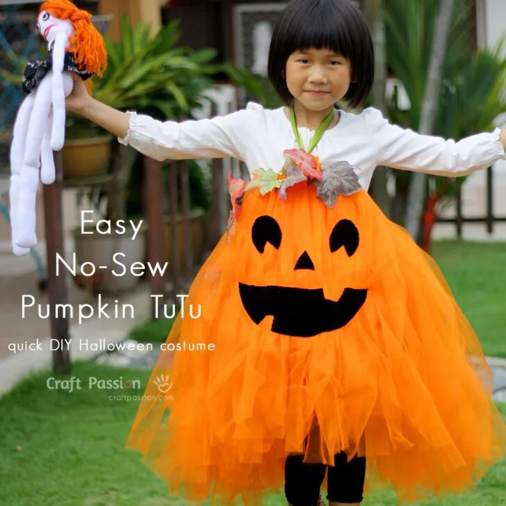 Get the tutorial and instructions on how to make a no-sew Pumpkin Tutu. It is an easy and quick Halloween Costume project to DIY.