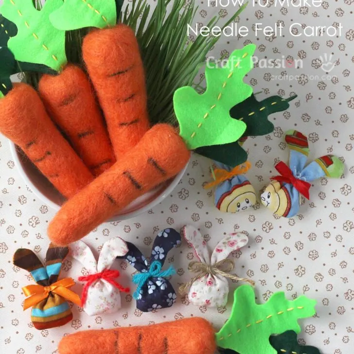 Use a sculptural core method to make bigger needle felted project (with video tutorial), demo with a needle felted carrot made from wool roving.