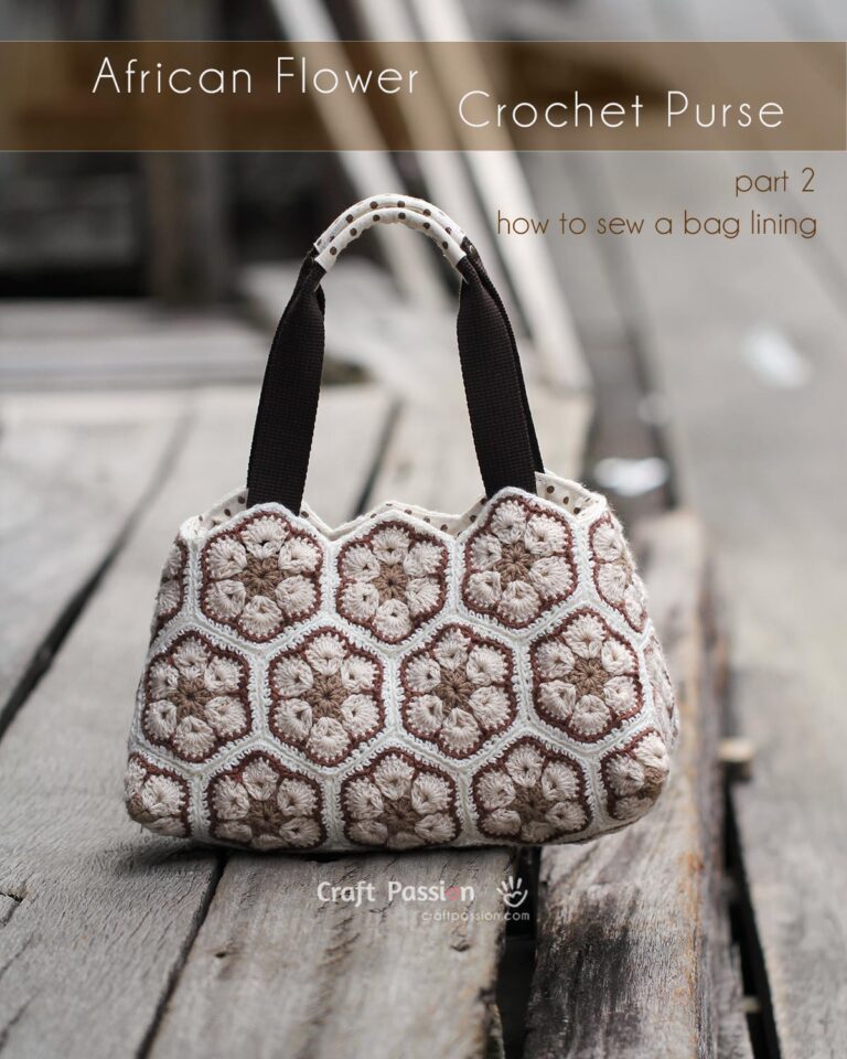 Get the pattern & tutorial on how to sew a bag lining to insert into the crocheted African Flower purse. The pattern is available as a printable PDF file.