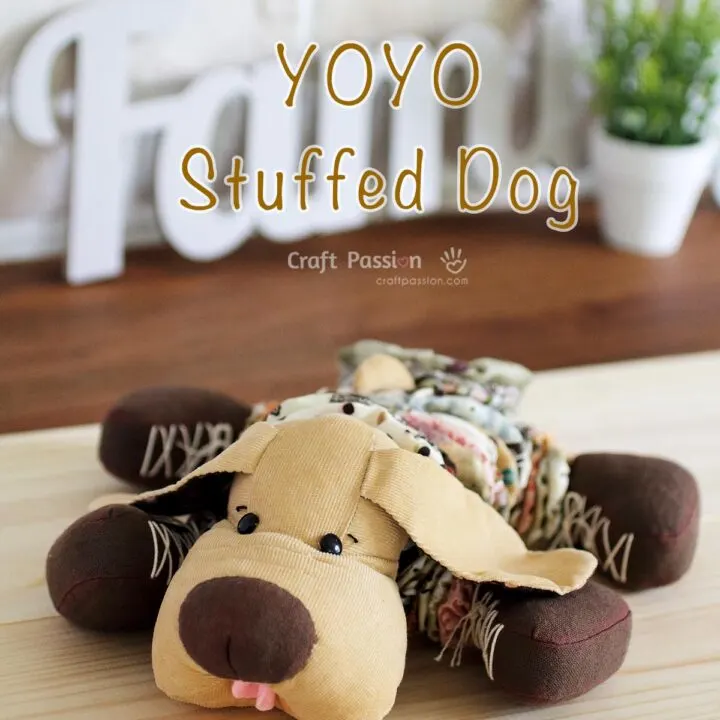 Free sewing pattern for creating a stuffed dog using oval-shaped YoYos for the body and legs. Great for using up fabric scraps from your stash.