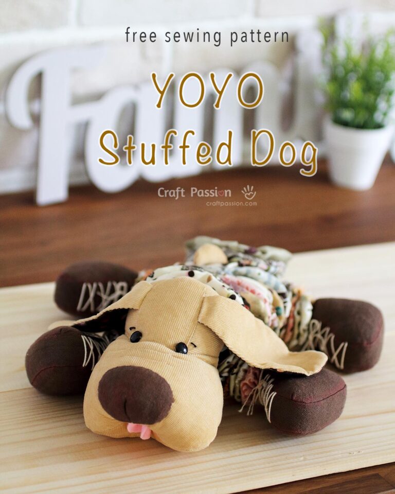 Free sewing pattern for creating a stuffed dog using oval-shaped YoYos for the body and legs. Great for using up fabric scraps from your stash.