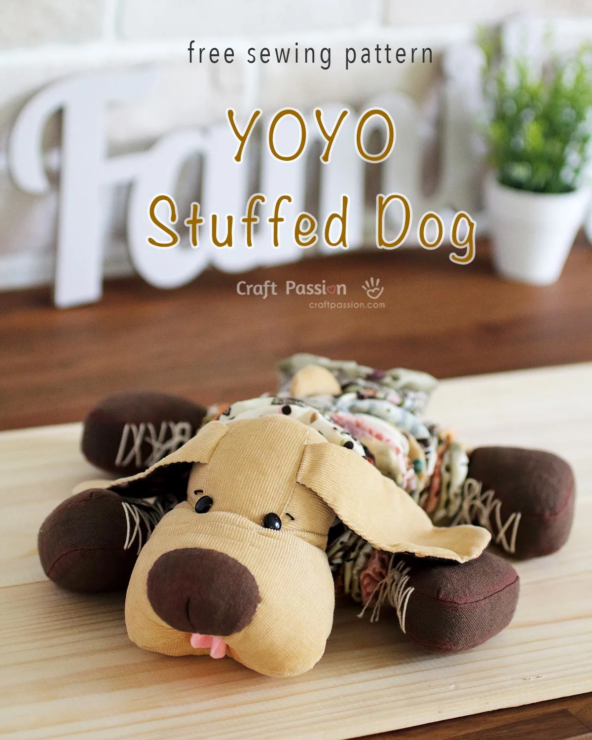 Free sewing pattern for creating a stuffed dog using oval-shaped YoYos for the body and legs. Great for using up fabric scraps from your stash.