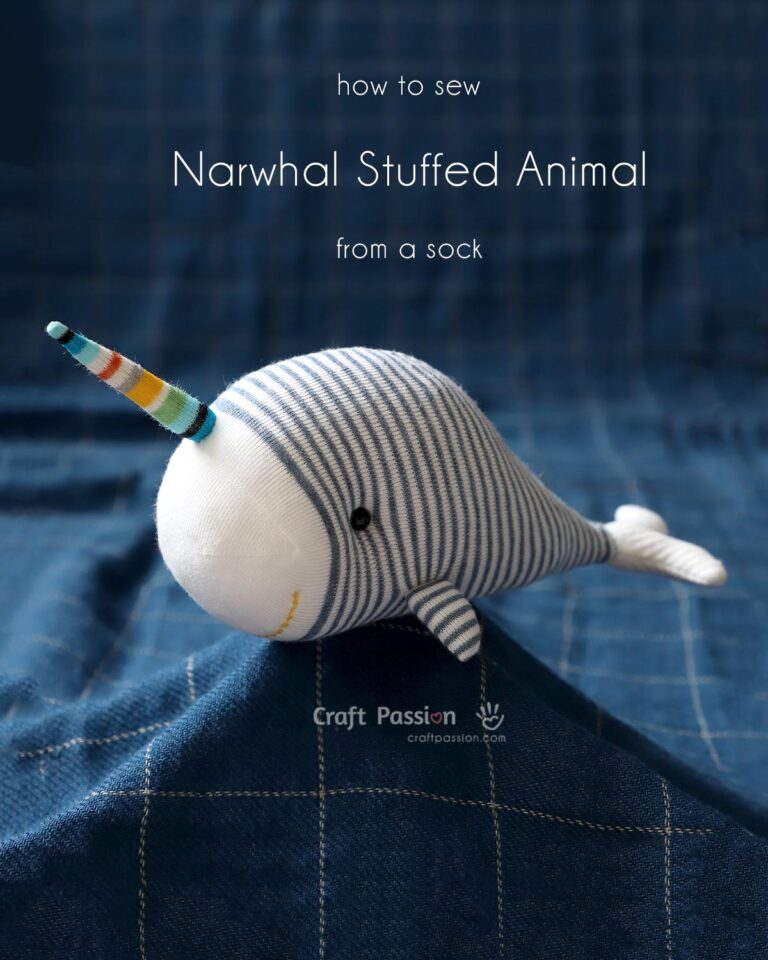 Adorable Sock Narwhal stuffed animal, Nadir, sewed from a sock! Grab the free pattern template & step-by-step Instructions to sew it.