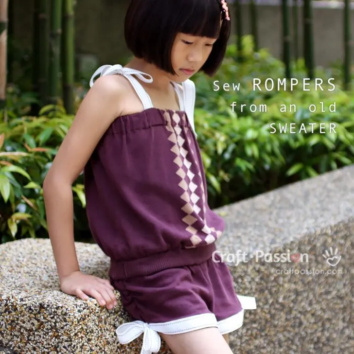 A sewing tutorial on how to recycle your old knitted sweater into a kid's rompers. Simply sew rompers from old sweater with easy to follow instructions.