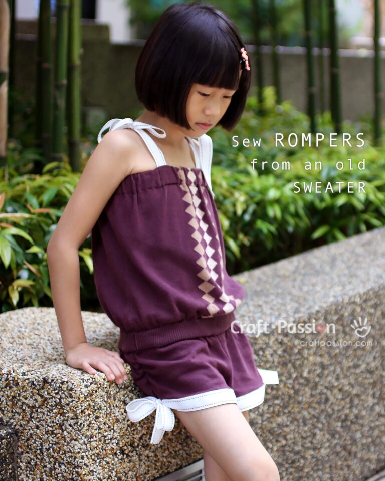 A sewing tutorial on how to recycle your old knitted sweater into a kid's rompers. Simply sew rompers from old sweater with easy to follow instructions.