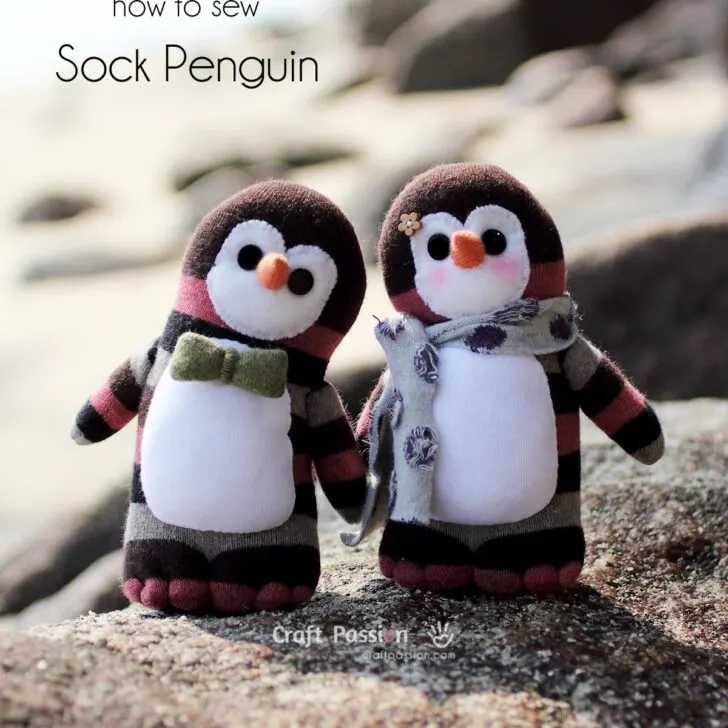 Free pattern & tutorial to sew a Pixie sock penguin stuffed animal. It's easy to sew with detailed instructions. Everyone will love your Pixie Penguin.