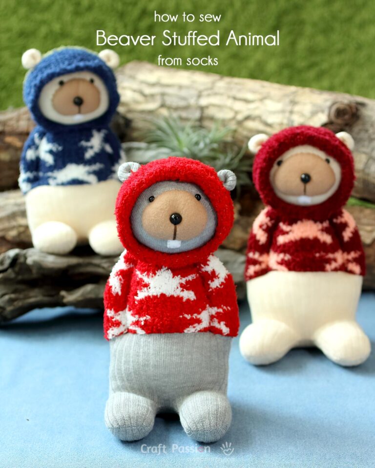 Sew Bob, a cute 9" beaver stuffed animal with a removable hoodie! Made from socks, it includes a free pattern and an easy picture guide.