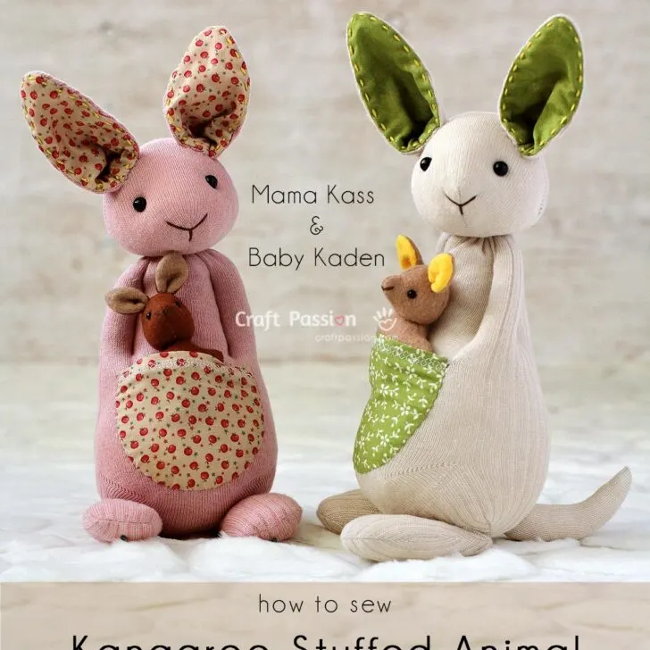 Sew a sock kangaroo stuffed animal, Mama Kass, complete with a felt baby joey, Baby Kaden. A perfect gift for Mother's Day, kids, or baby showers!