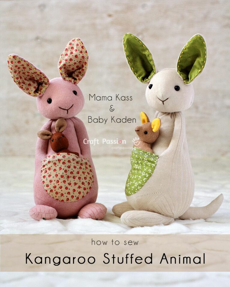 Sew a sock kangaroo stuffed animal, Mama Kass, complete with a felt baby joey, Baby Kaden. A perfect gift for Mother's Day, kids, or baby showers!