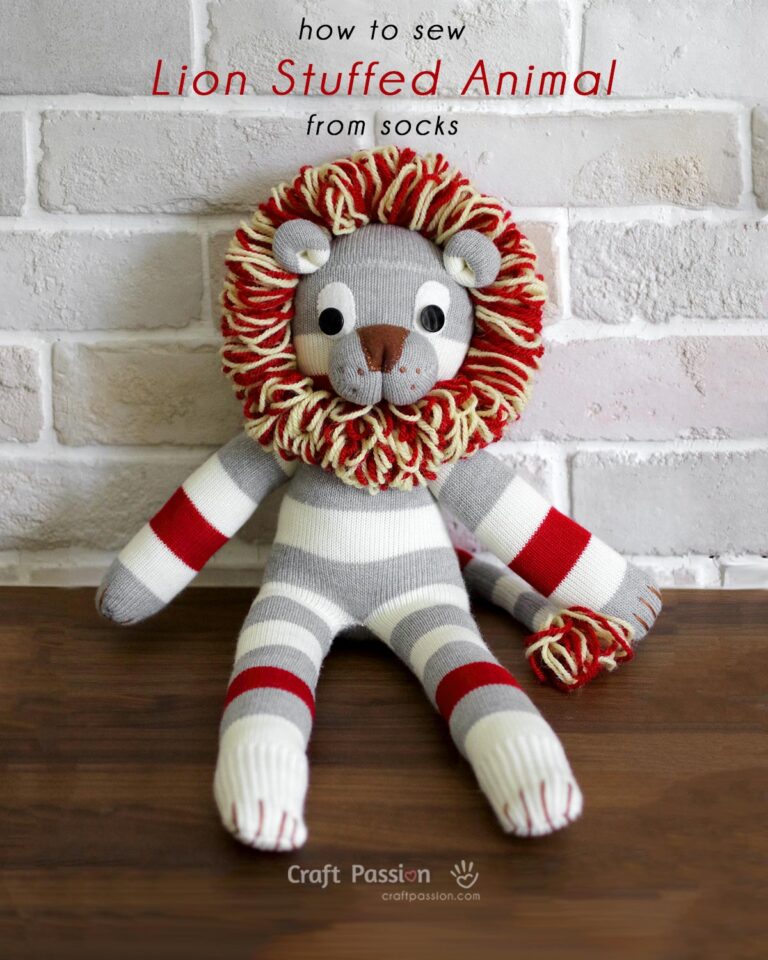 Learn how to sew a huggable lion stuffed animal, Shimba, from socks! Free pattern with step-by-step photos and detailed instructions included.