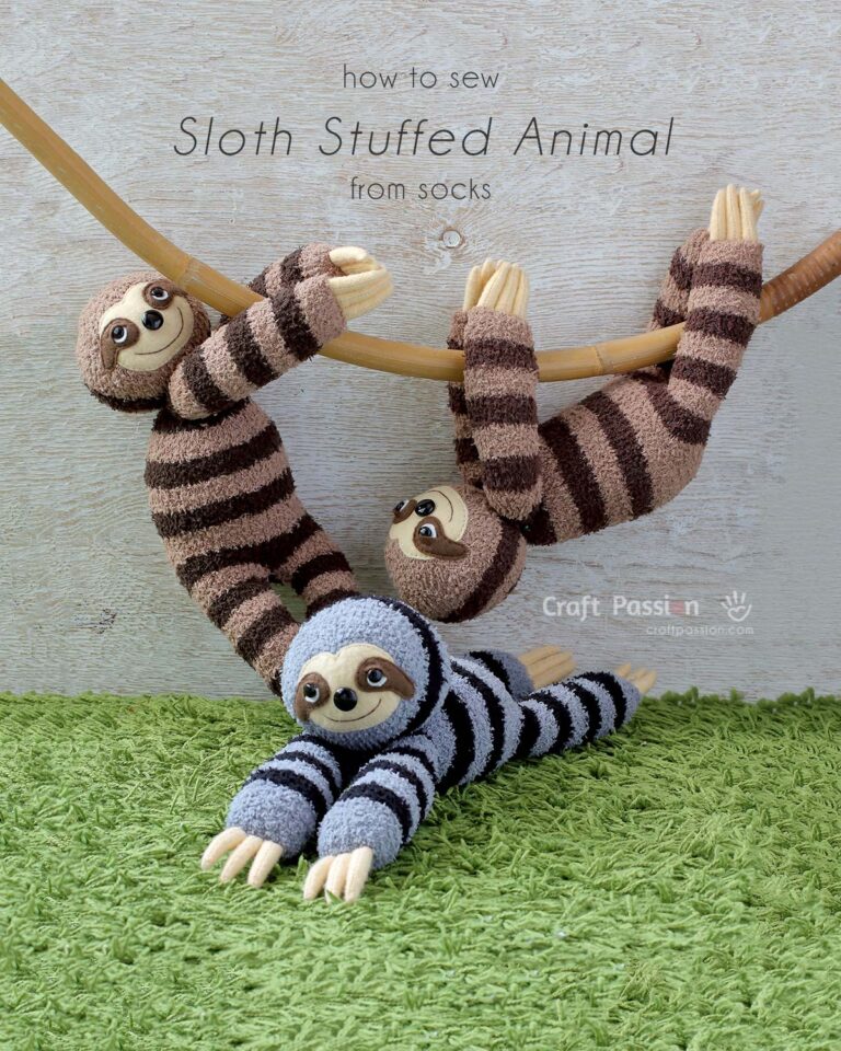Learn to sew a cute sock sloth stuffed animal, Smie! This 16" plush, made from chenille socks, has 3 claws, groggy eyes, and a sweet smile.
