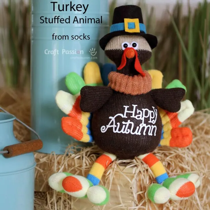 Learn to sew your own sock turkey stuffed animal, Mr. Gobble, with this easy pattern and tutorial. Includes step-by-step pictures and instructions!