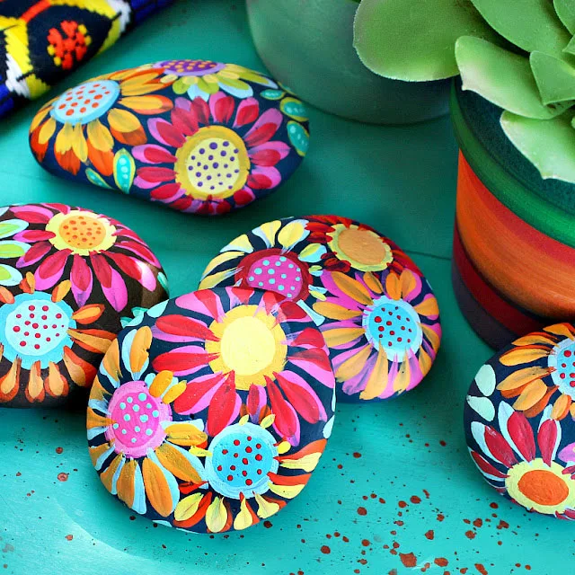 flower rock painting idea