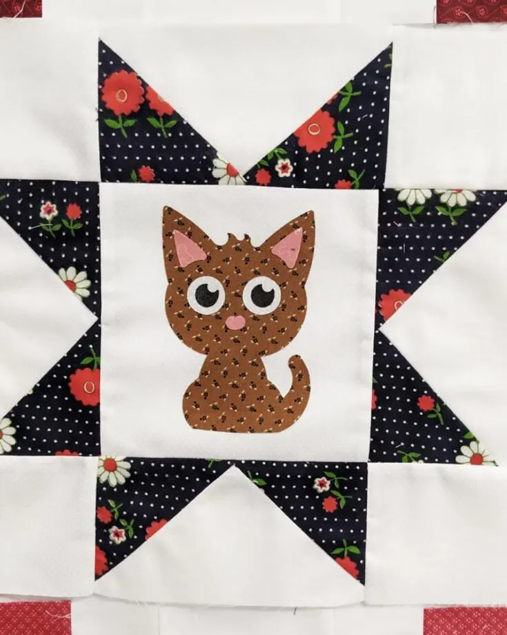 Finally on the list of free patterns is this purr-fect Kitty Cat Quilt! This lovely cartoonish quilt features two classic quilt blocks, the Irish Chain and Sawtooth Star. Not to mention, there is an adorable kitten applique in each star block. It&rsquo;s pretty easy to make, yielding a 47&rdquo; x 47&rdquo; sized quilt.