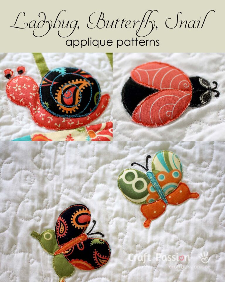 Get free butterfly appliqué patterns, including snail and ladybug designs, to complete the Secret Garden Quilt Blanket or other sewing projects.
