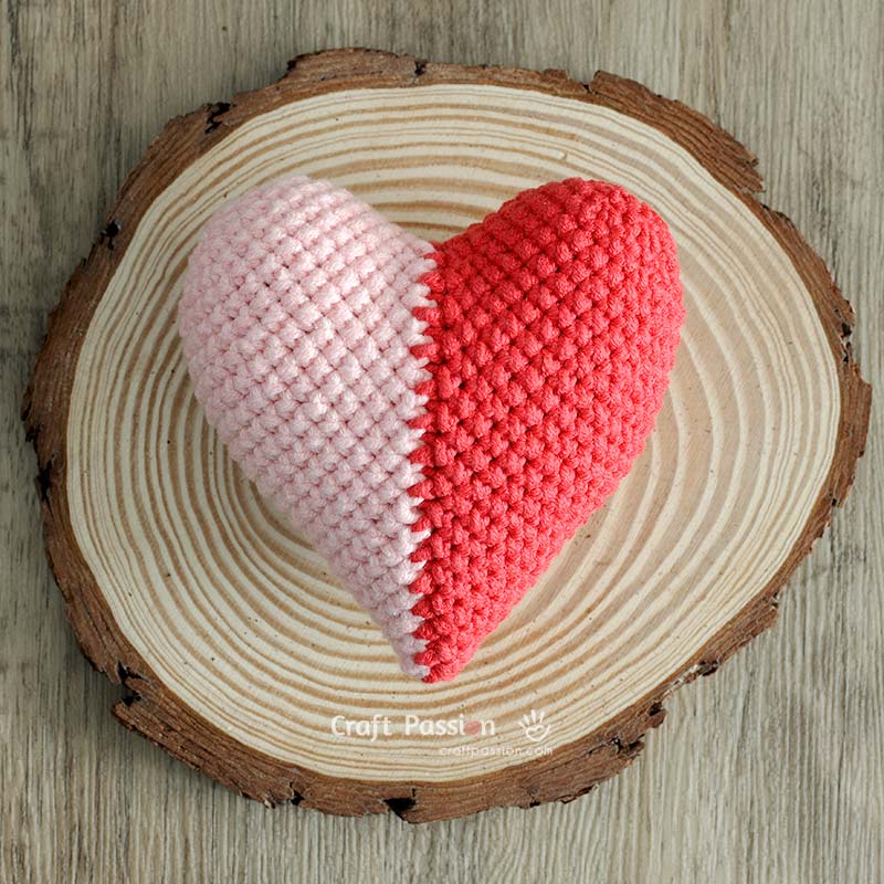 Finished two tone amigurumi heart with split color design, Large heart.