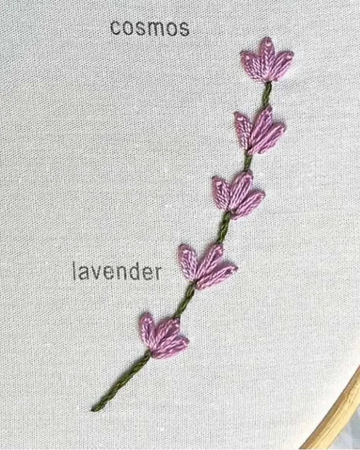 Spice up your crafting skills with this lavender embroidery pattern that is free. It only consists of two types of stitches: the stem and lazy daisy stitch.