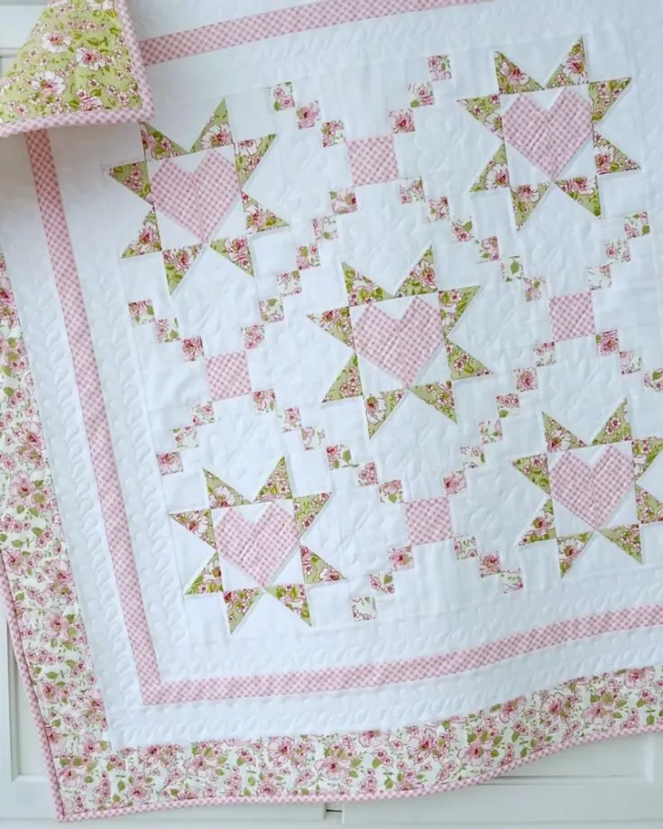 Learn to make this sweet and lovely baby quilt that is adorned with heart blocks and stars. It&rsquo;s a pattern fit for confident beginners, and the pattern is made for purchase at a reasonable price. This design also comes in various sizes.&nbsp;