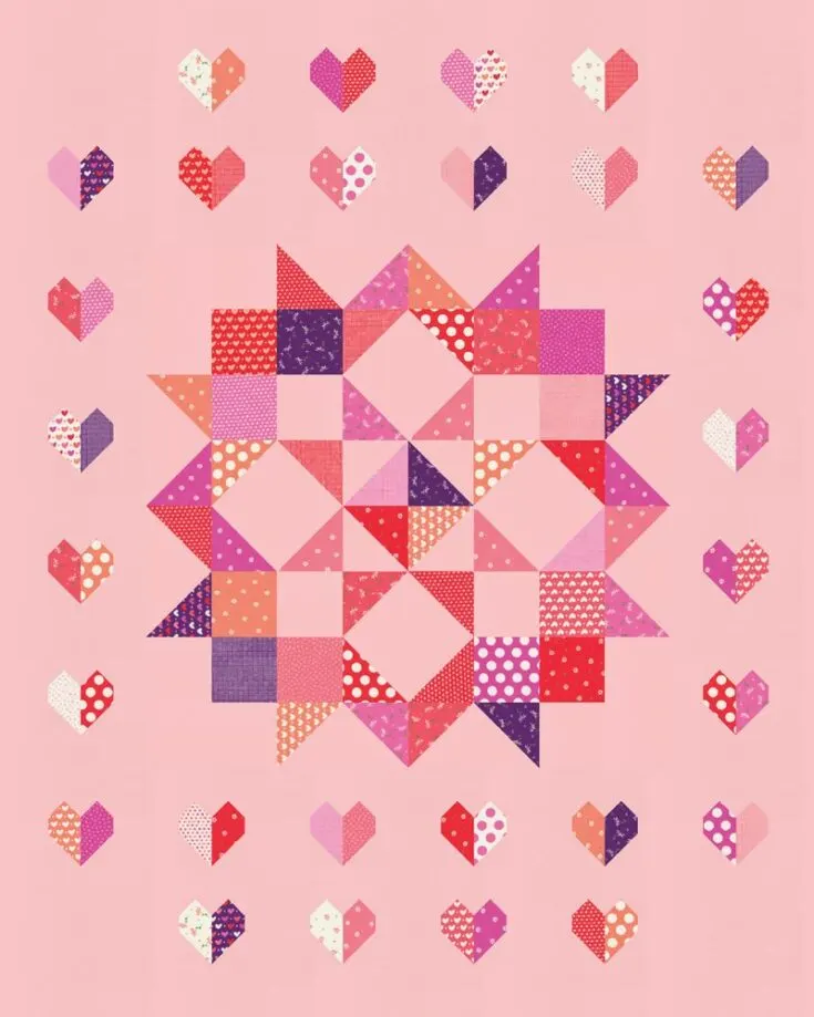 Learn to make this quilt that is adorned with miniature cute hearts. It&rsquo;s a project that needs precisely 28 heart blocks, and the finished size is 52&rdquo; x 64&rdquo;. However, this pattern does not include instructions for the center block. Instead, you can find the free pattern for the Love Charm Pack here.