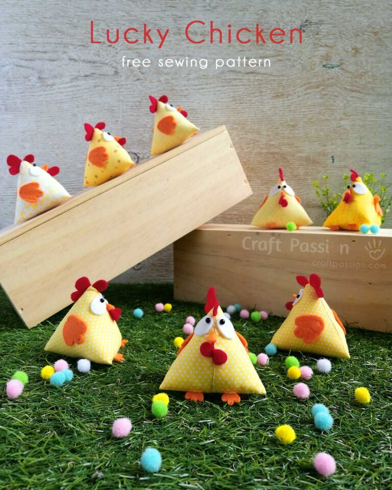 Quick & easy Lucky Chicken Pattern in Pyramid / Tetrahedron shape. Perfect to sew as ornament, pincushion, doorstop, bean bag, potpourri sachet & paper weight.