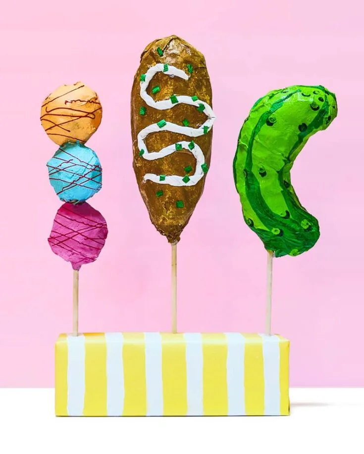 Food is a great place to start with this list of paper mache ideas! They make excellent playthings for children to pretend to be vendors at a food fair or simply to learn how to recognize different foods.