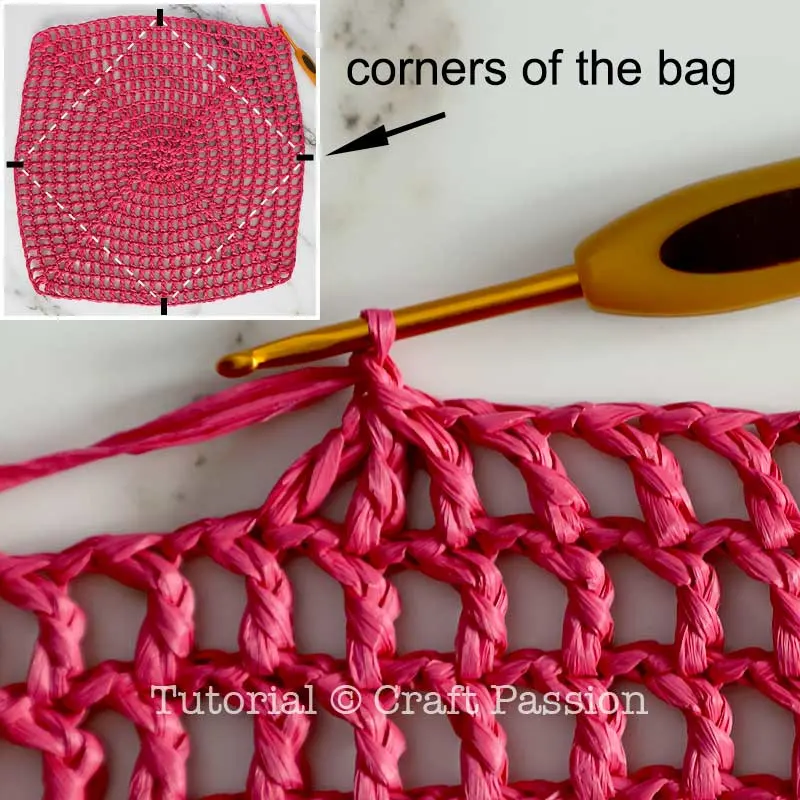 crochet market bag's corners
