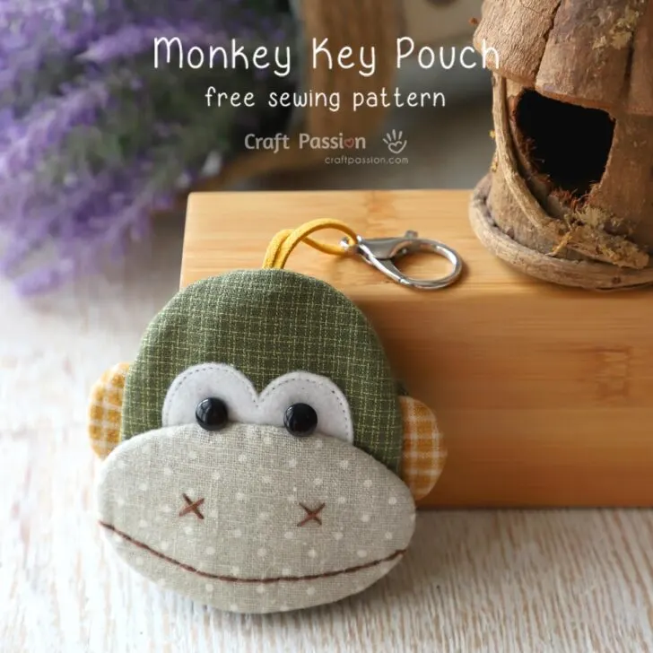Free sewing pattern of Monkey Key Pouch, Key Cozy, Key Holder. Printable template & detailed instructions on how to sew this designer key pouch.