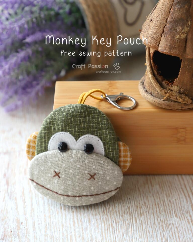 Free sewing pattern of Monkey Key Pouch, Key Cozy, Key Holder. Printable template & detailed instructions on how to sew this designer key pouch.