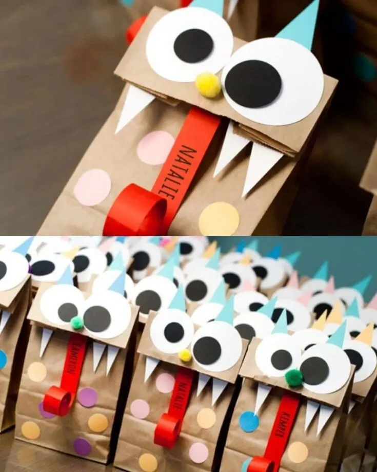 These bags are a breeze to make with minimal supplies. Use circle punches for the eyes and dots, pom poms for noses, and roll red cardstock for a silly tongue. Brown paper bags work great&mdash;fold the top over to finish!