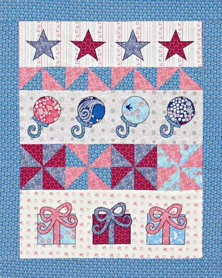 Welcome your newborn baby boy or girl with this cute Newborn Baby wall hanging quilt pattern! Though it&rsquo;s wall hanging, you can always use it as a quilt to cuddle your precious little angels. With pinwheel blocks and soft pastel colors, it&rsquo;s sure to become a treasured keepsake for your little bundle of joy. The finished size is 30 &frac12;&rdquo; x 37 &frac12;&rdquo;.