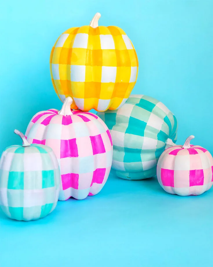 Gingham is such a versatile pattern. Paint some neon-colored gingham patterns on your pumpkin for a pop-era vibe. You can also opt for some subtle, muted colors to create a patch of country gingham pumpkins.