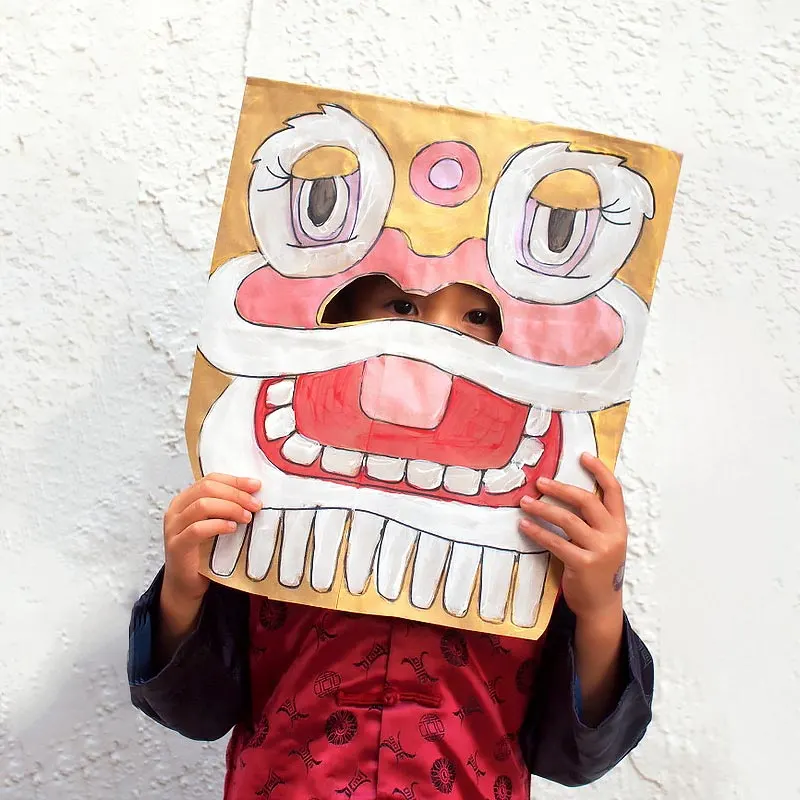 The lion, like the dragon in Chinese culture, symbolizes strength and prosperity. By making these masks, we can ensure that all of these are added to your list! They use a paper bag with cut-out features, making it a hands-on activity.