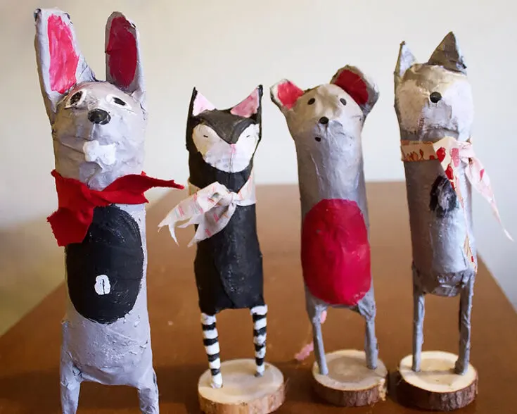 This project uses leftover toilet paper rolls, newspaper, chopsticks for legs, and cardboard for ears and antlers. It's a great way to recycle household items and let children have fun with their favorite animals.