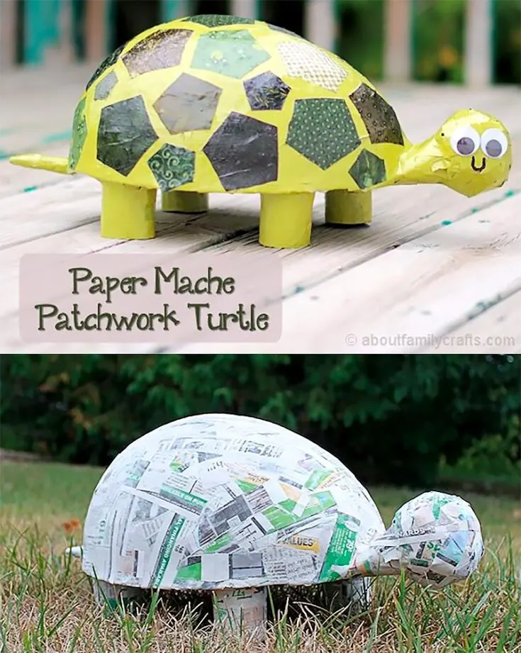 This cute patchwork turtle made of paper mache is great for kids in elementary school.