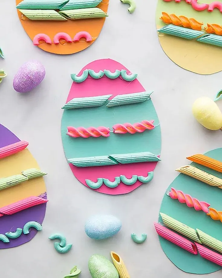 If you&rsquo;re seeking some eco-friendly and reusable crafting ideas for Easter, this design is calling your name. Grab some leftover uncooked pasta noodles ranging from macaroni, bow ties, rotini, or penne to personalize it. Get your little ones involved in this craft to create fun and long-lasting memories with them.