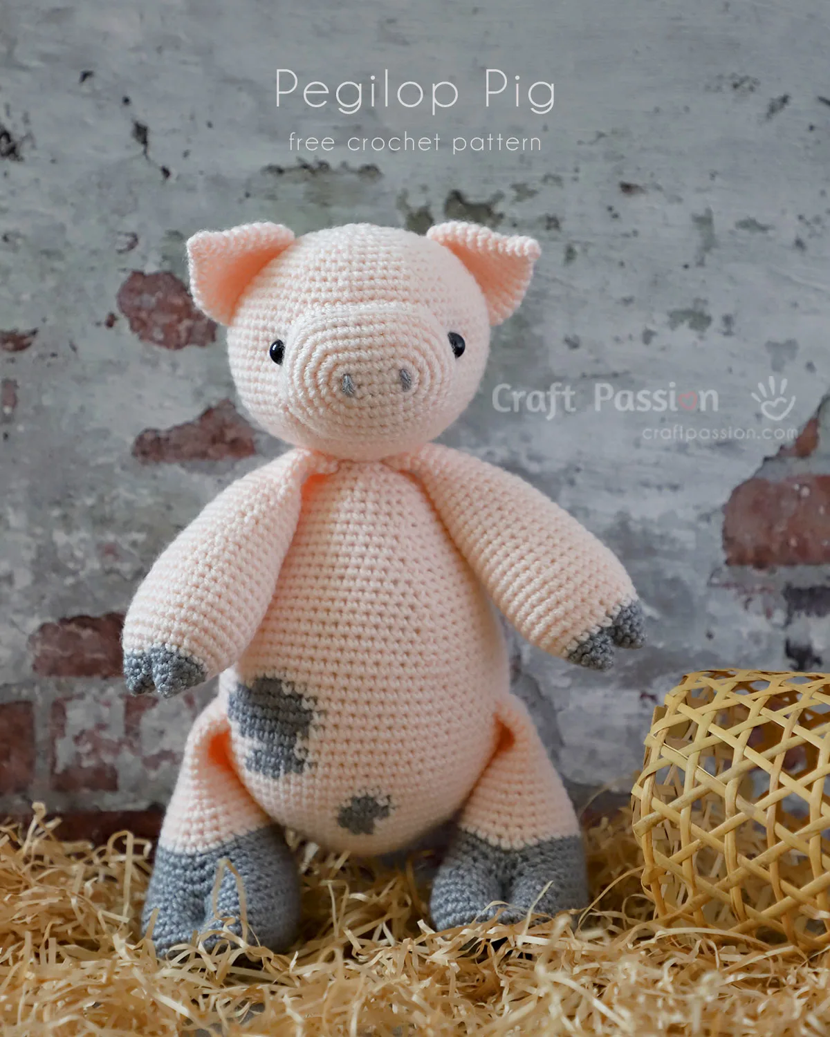 Free crochet pig pattern, Pegilop, with pretty dirt spot pink body & grey hooves. This 11" crochet pig is the perfect stuffed animal to make for kids to cuddle.