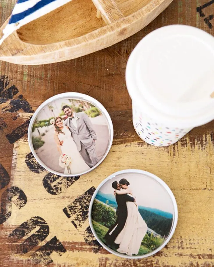 You can create memorable and unique resin coasters using unused mason jar covers and some old photos. They make such meaningful gifts or keepsakes for your own home.