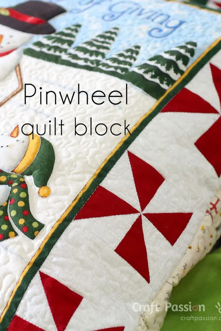This pinwheel quilt block is another great idea for a beautiful quilt. Similar to the tree quilt block pattern, this pinwheel also uses half-square triangles (HST) that can be cut out from scraps. The varied patterns and colors of scraps really give this a fun twist!
