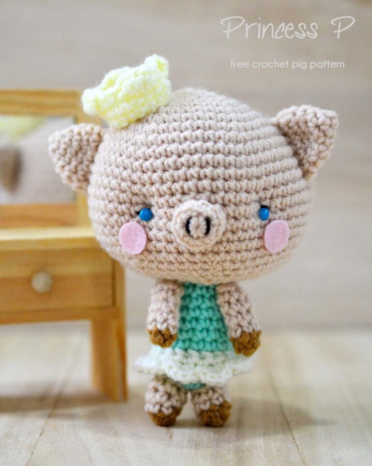Get the free crochet pig pattern to make the world cutest Amigurumi Pig, Princess P. She is a 5" tall stuffed pig wearing a ballerina skirt & a princess crown.