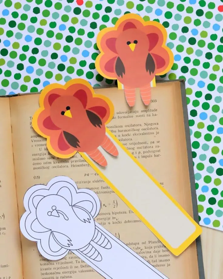 If you're a bookworm and need a bookmark to trace the pages you left off, try these adorable turkey bookmarks! They serve as beautiful Thanksgiving crafts with their bright, vibrant colors. Not to mention, it's a simple craft with a tutorial and a printable template.