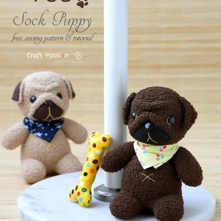 Sock Puppy, Puggie, a dog stuffed animal sewed from a pair of chenille socks. 8