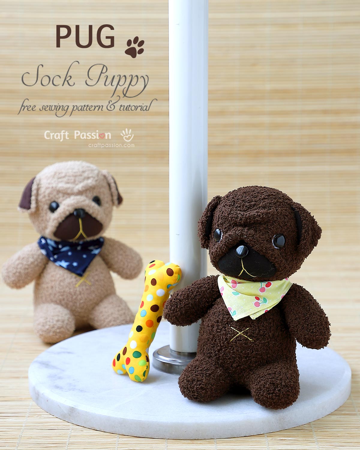 pug puppy stuffed animal Sock Puppy, Puggie, a dog stuffed animal sewed from a pair of chenille socks. 8" tall, with cute wrinkly face, curled tail & with a dog bone.