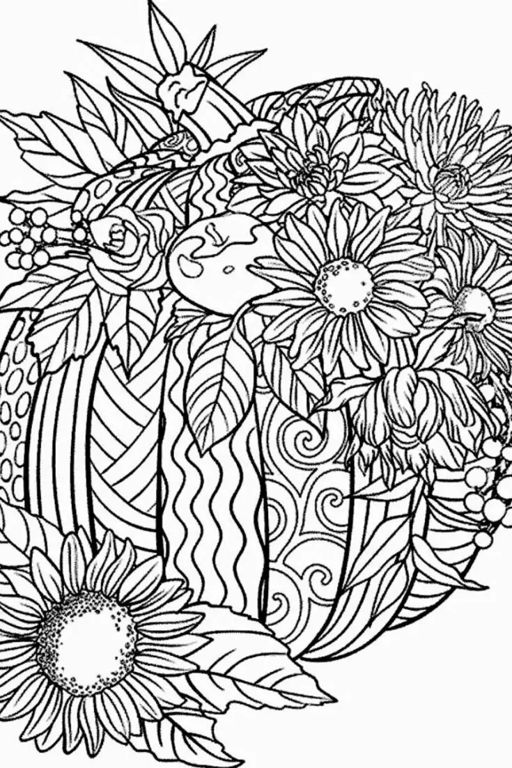 Check out this unique pumpkin design that is covered in flowers! Get your coloring supplies, a cup of warm coffee, and color away.&nbsp;
