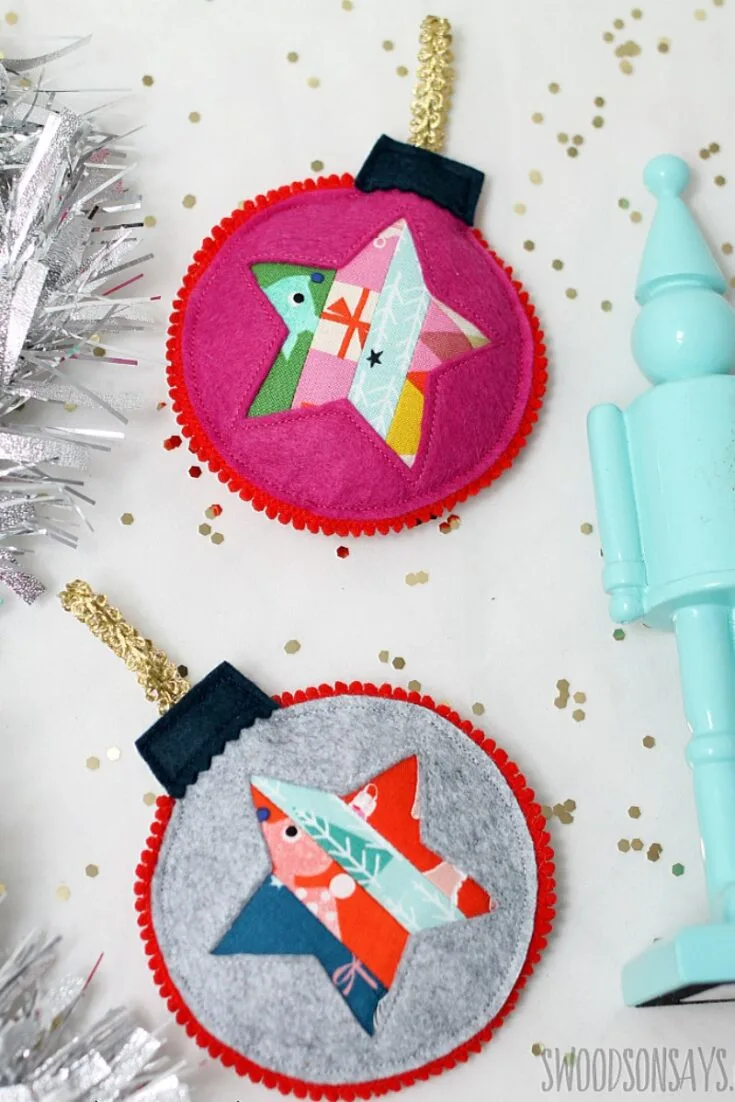 Use those christmas themed scraps to make this simple christmas ornament! The scraps are pieced together to make a star in the middle of a classic ornament shape. Simple yet festive.