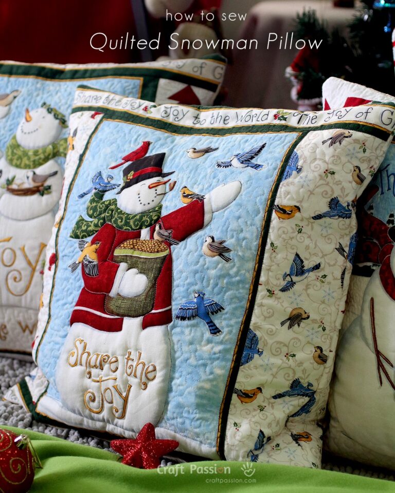 How to sew snowman pillow cover with trapunto quilting: A complete guide from quilt panels to piecing, with photos and step-by-step instructions.