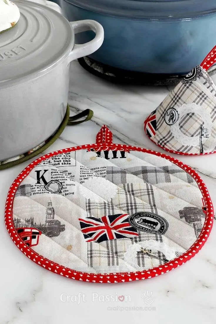 Check out this tutorial for quilted trivets! Trivets are typically pieces of cloth placed on tables and countertops to protect them from hot pots and pans. You could even make a complete set together with the pot holder featured above.