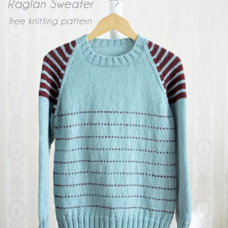 Free knitting pattern of Raglan Sweater with stripes on the raglan sleeves in 6 sizes. Design style unisex sweater, perfect for both men & women.