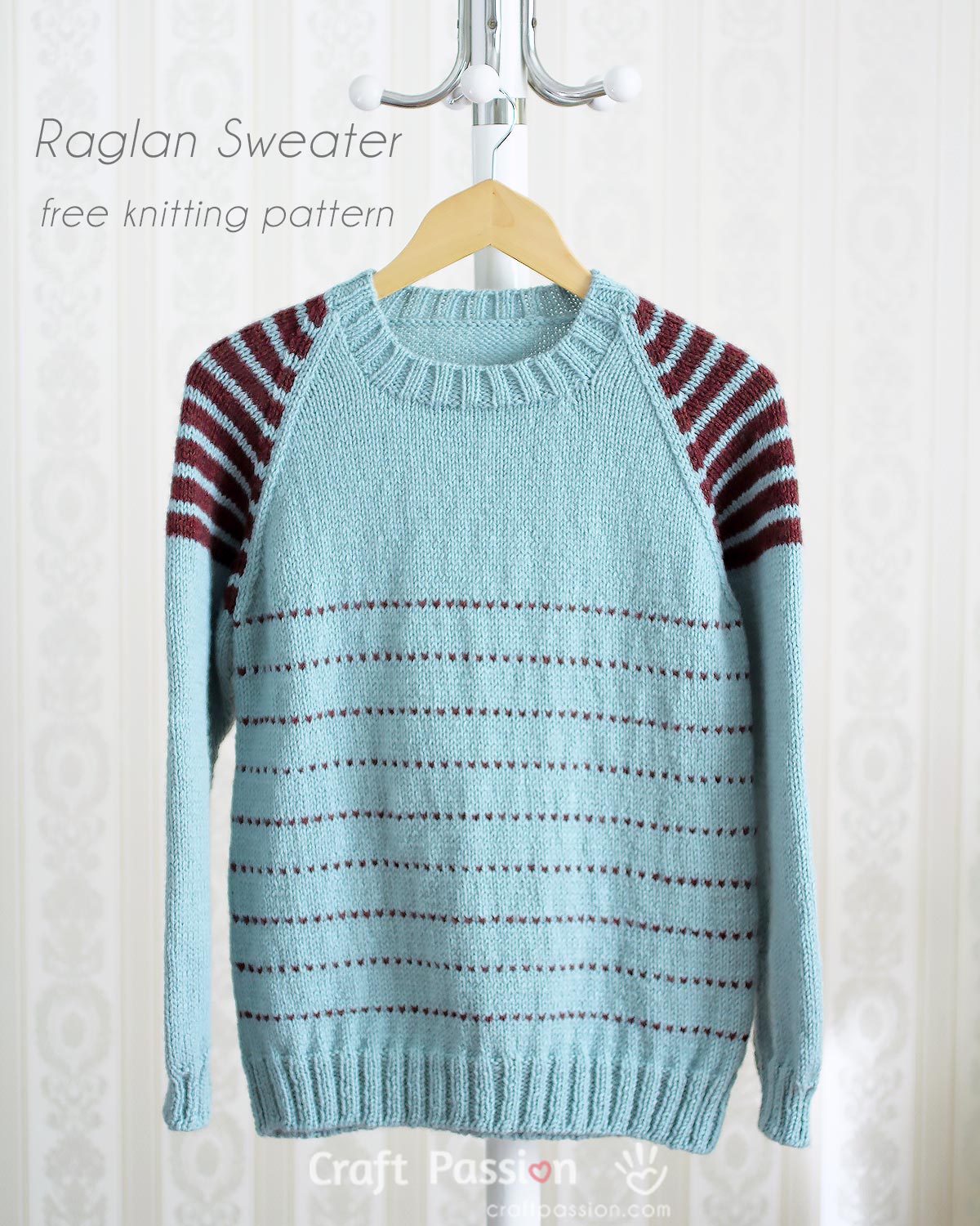 Free knitting pattern of Raglan Sweater with stripes on the raglan sleeves in 6 sizes. Design style unisex sweater, perfect for both men & women.